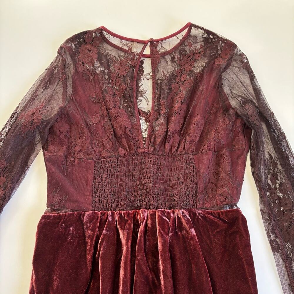 Free People Marlie Garnet Red Lace Long Sleeve Velvet Mini Dress Size Small - Picture 11 of 11